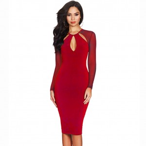 Red Round Neck Long Sleeve Over Knee Meshed Plain Wholesale Bandage Dress HB5201-Red