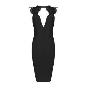Black Halter Sleeveless Knee Length Lace Backless Party Bandage Dress HB5207-Black