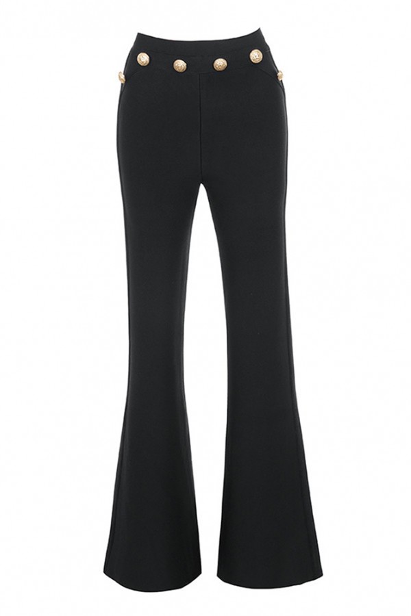 Black Maxi Button High Waist Fashion Bandage Pants H0059-Black
