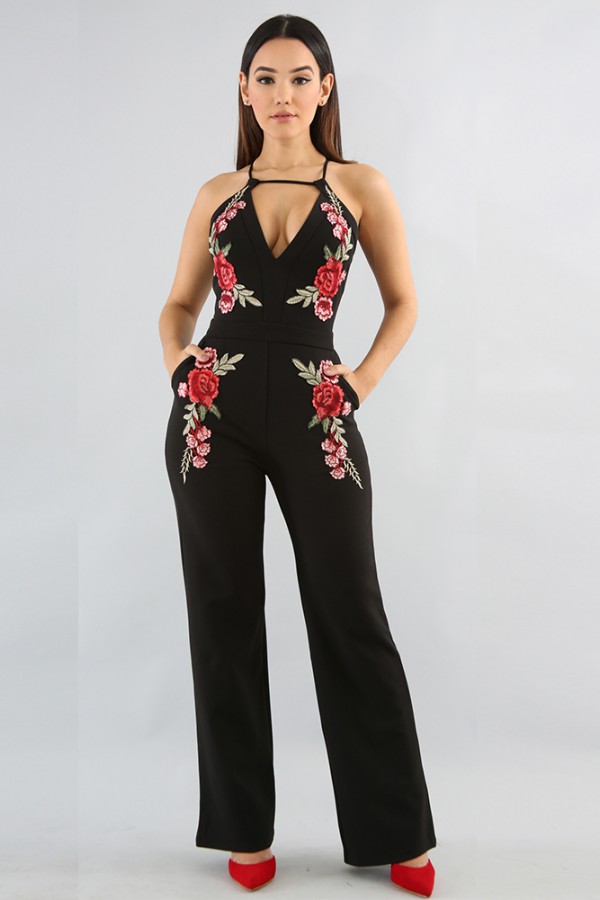 Black V Neck Sleeveless Maxi Flower Embriodery Straight Cylindrical Party Bodycon Jumpsuit H0060-Black