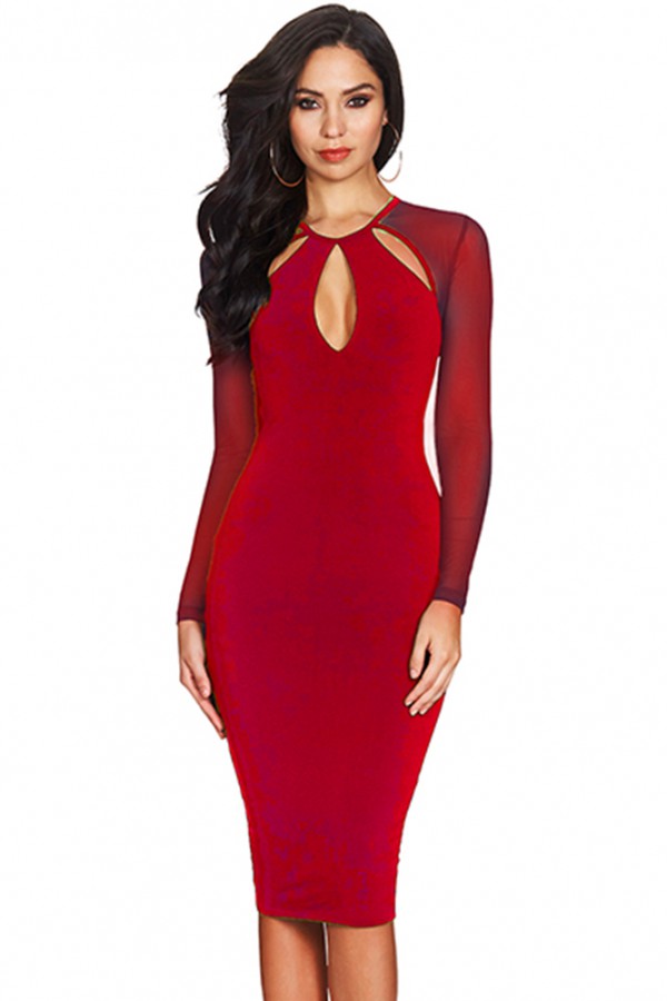 Red Round Neck Long Sleeve Over Knee Meshed Plain Wholesale Bandage Dress HB5201-Red