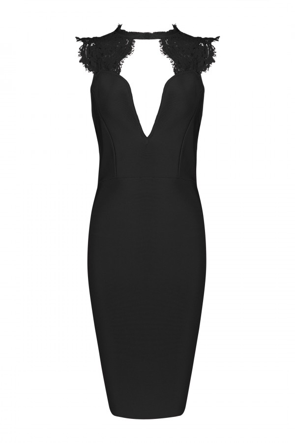 Black Halter Sleeveless Knee Length Lace Backless Party Bandage Dress HB5207-Black
