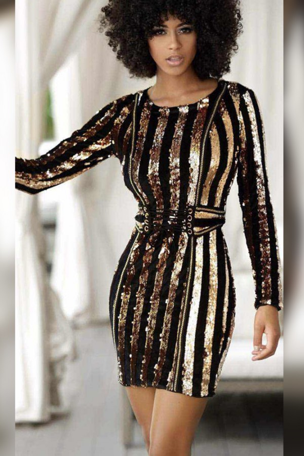 Gold Round Neck Long Sleeve Above Knee Sequined Bling Club Bodycon Dress HW238-Gold